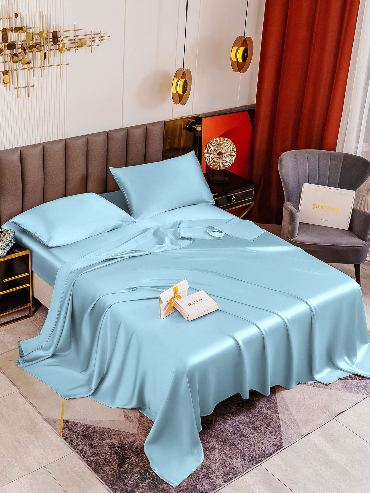 SilkSilky US 19Momme Pure Silk Bedding Set LightBlue 001