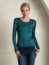 [Posy Green] SilkSilky  Silk Jersey Long Sleeve Round Neck Women's T-Shirt 004