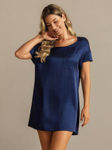 [Dark Blue] SilkSilky  19Momme Machine-Washable Silk Short Sleeve Round Neck Nightgown 006