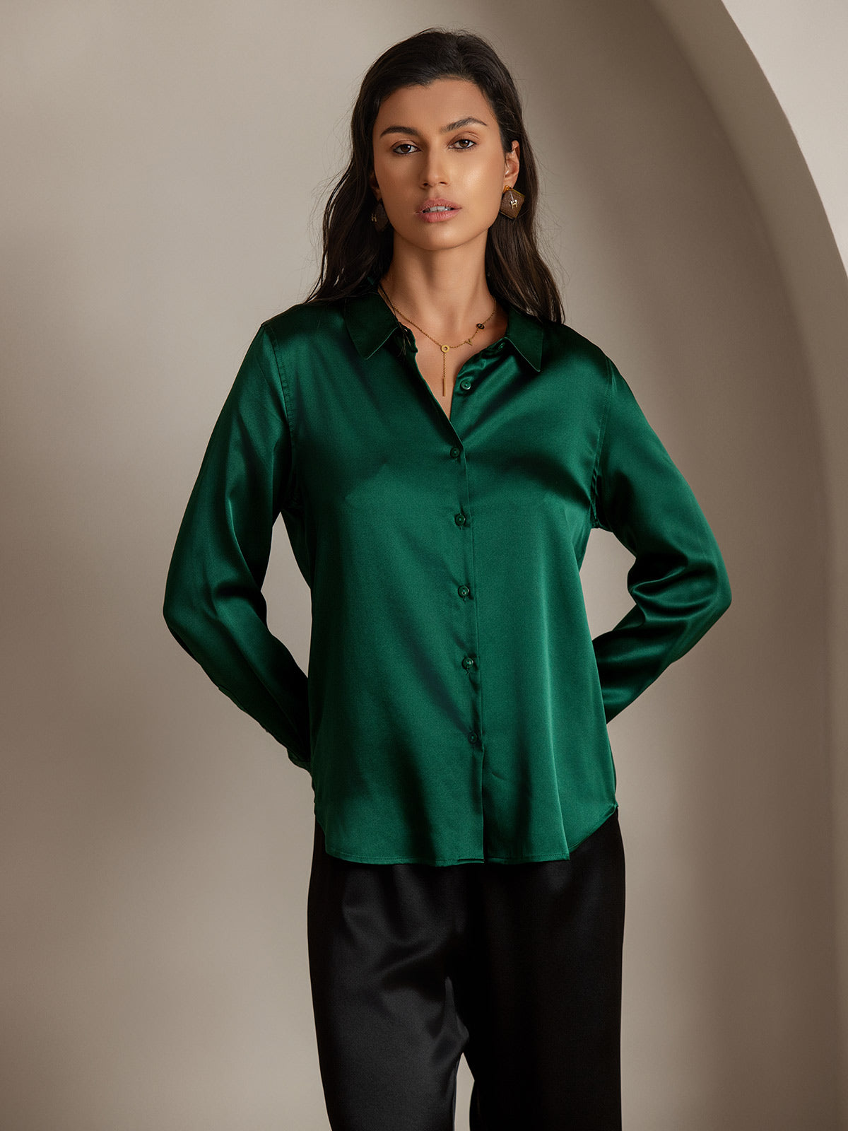 SilkSilky US Silk Blend Long Sleeve Collar Women's Shirt DarkGreen 006