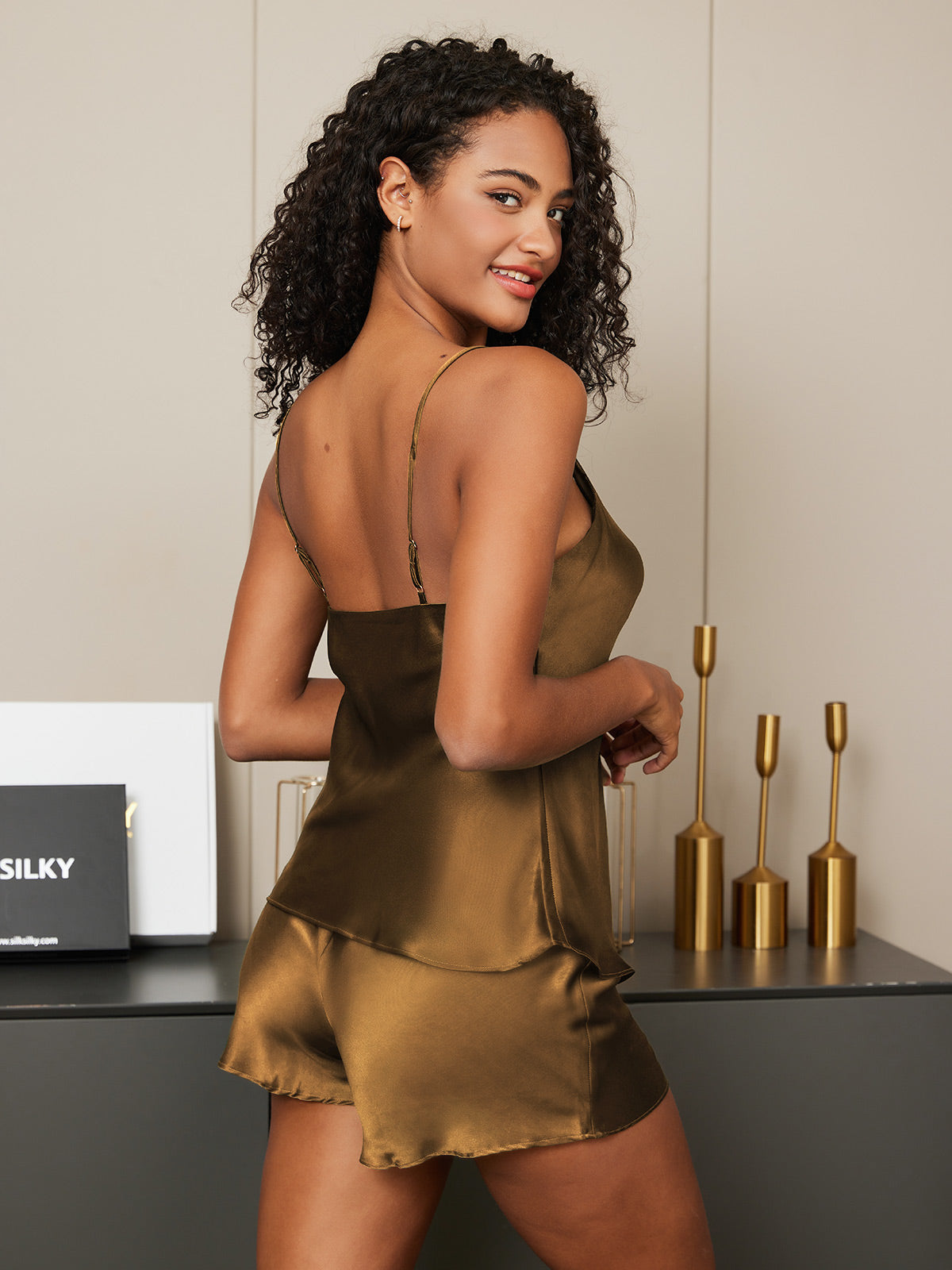 [Coffee] SilkSilky  Pure Silk V Neck Camisole Set 003