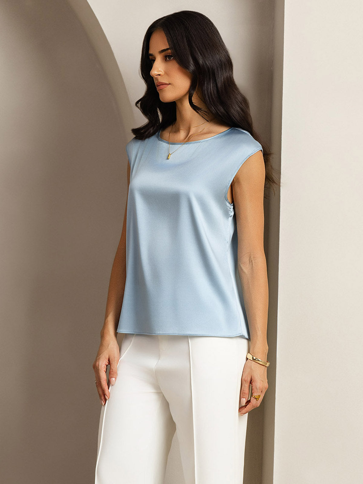 [Grayish Blue] SilkSilky  19Momme Silk Round Neck Women's T-Shirt 005