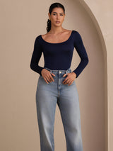 [Dark Blue] SilkSilky Long Sleeve U Neck Women's T-Shirt 004