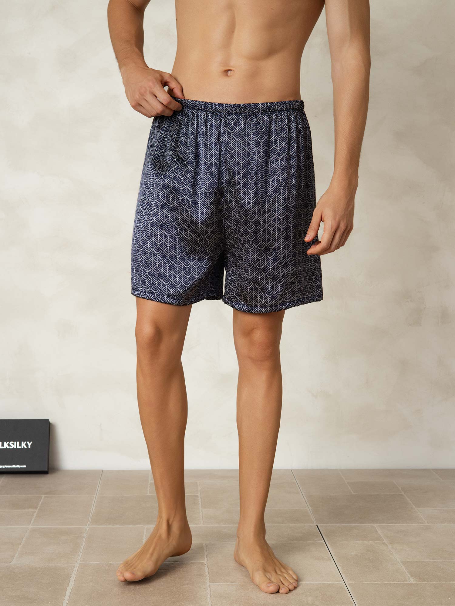 [Navy Ginkgo] SilkSilky  19Momme Pure Silk Mens Sleep Bottoms 001