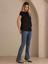 [Black] SilkSilky Short Sleeve Split Women's Blouse 005