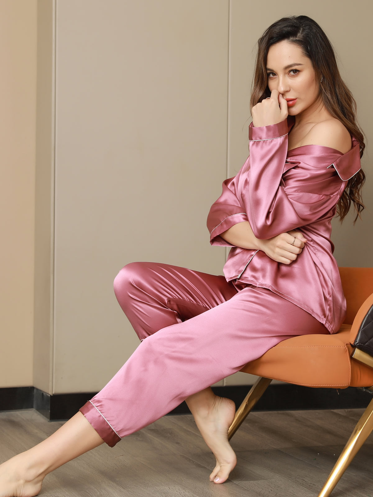 SilkSilky  Pure Silk Long Sleeve Lapel Women's Pajamas PaleMauve 001