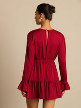 [Wine] SilkSilky  19Momme Silk Long Sleeve Round Neck Dress 007