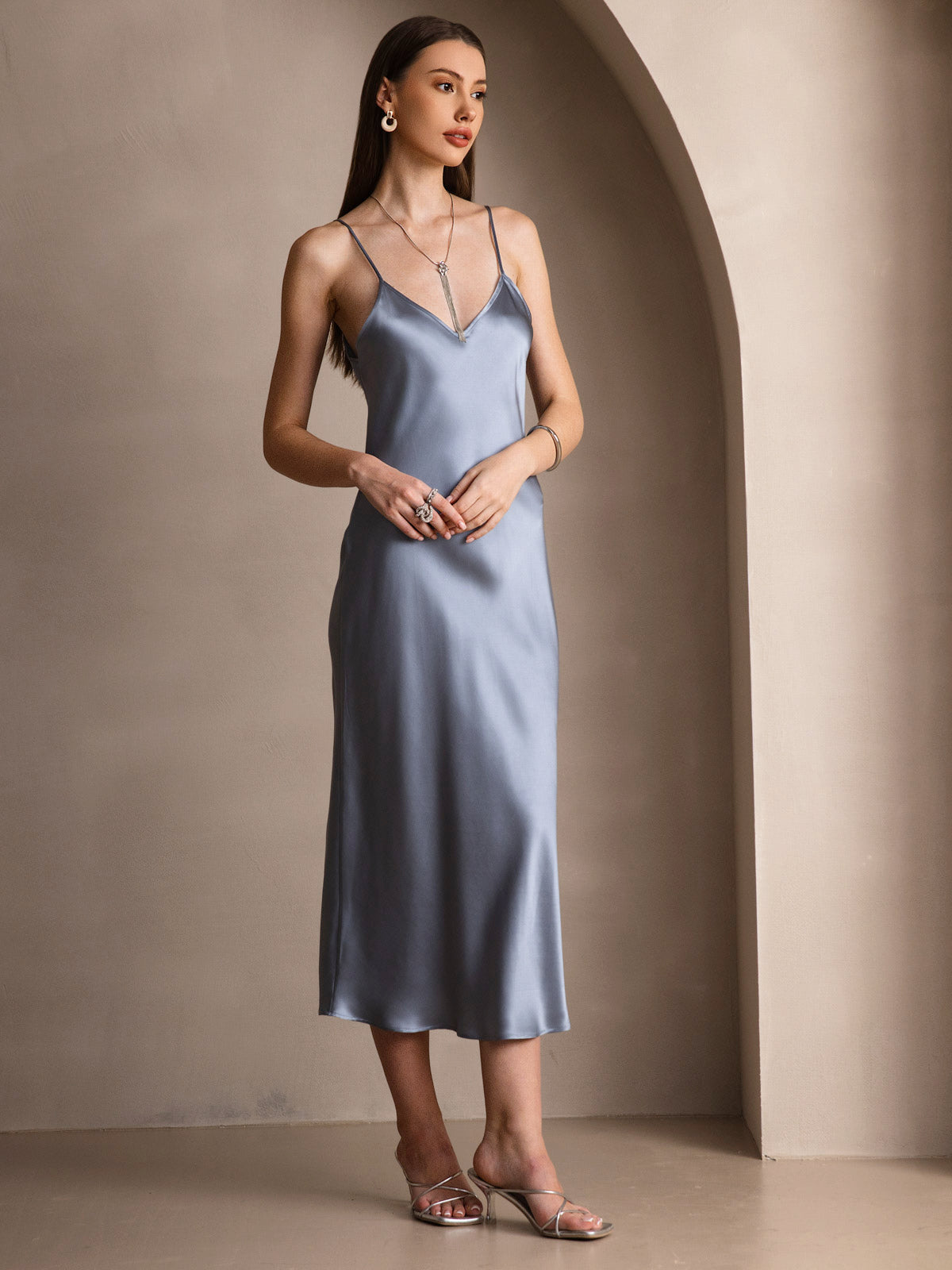 SilkSilky  Pure Silk Sleeveless Round Neck Dress GrayishBlue 004