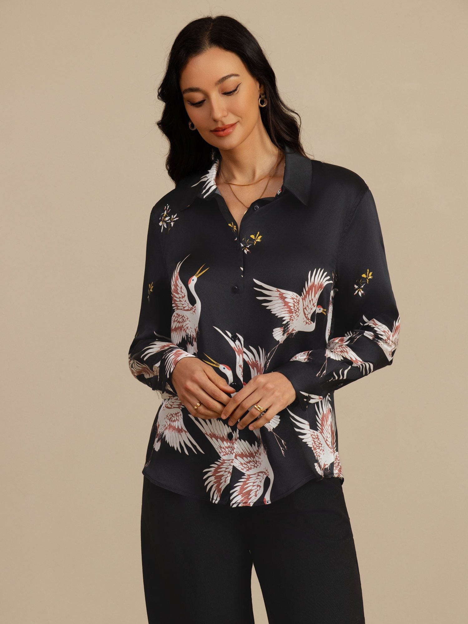 [Black] SilkSilky  19Momme Long Sleeve Lapel Collar Women's Shirt 004