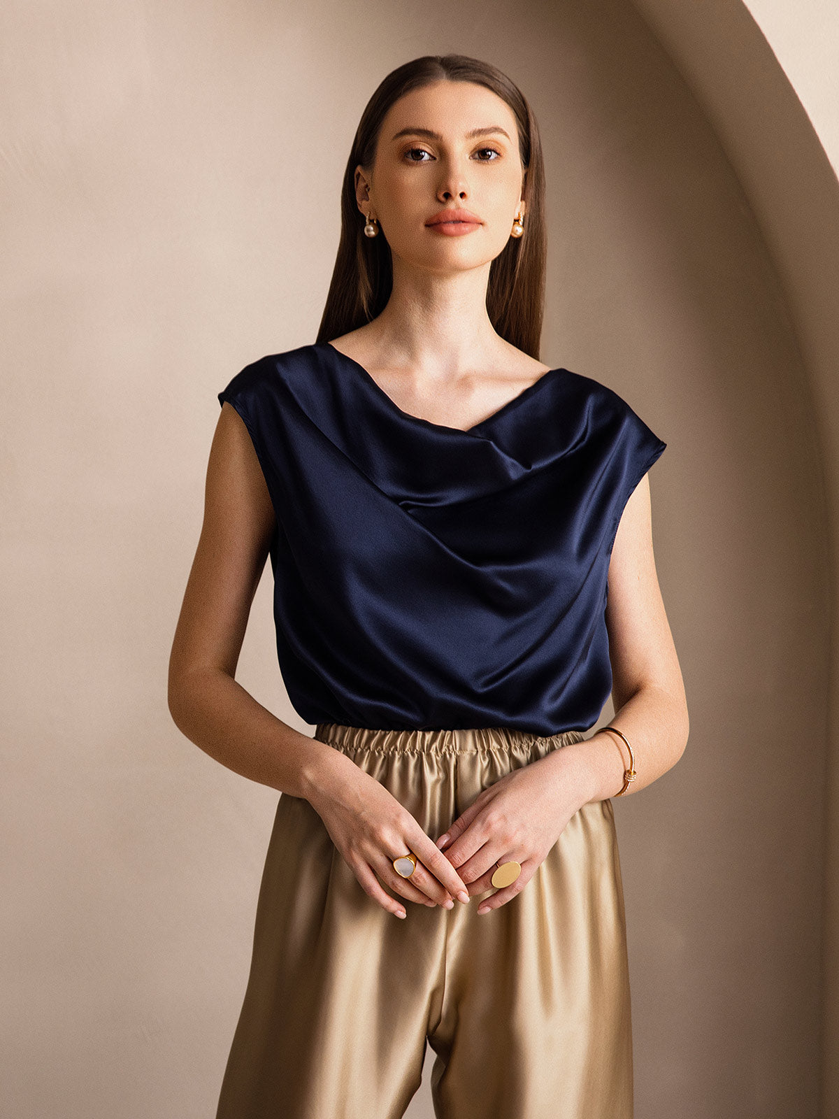 [Dark Blue] SilkSilky  19Momme Silk Cowl Neck Women's T-Shirt 003
