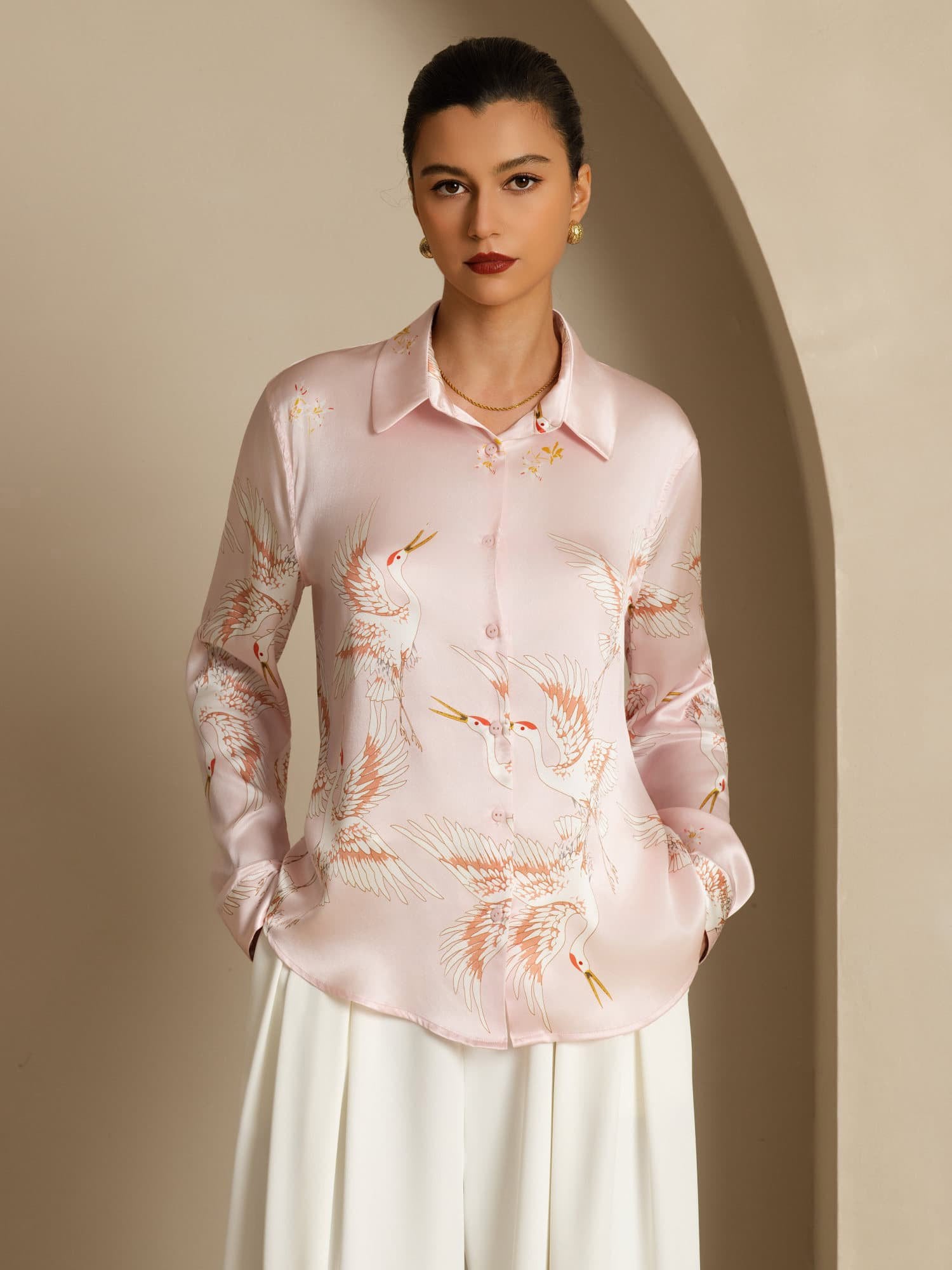 [Pink] SilkSilky  19Momme Long Sleeve Lapel Collar Women's Shirt 003