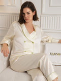 SilkSilky Pure Silk Long Sleeve V Neck Women's Pajamas Beige 004