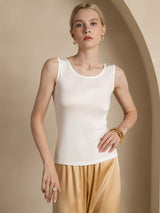[White] SilkSilky  100% Silk Jersey Sleeveless Round Neck Women's T-Shirt 003