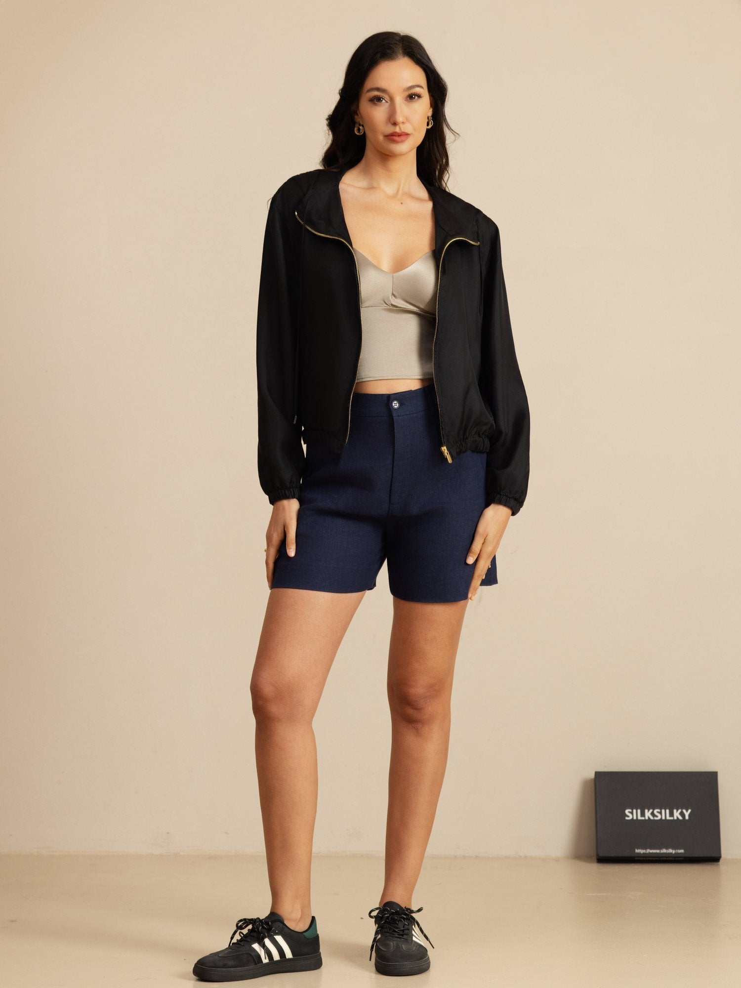 [Black] SilkSilky 18Momme Silk Satin Surah Long Sleeve Stand Collar Women's Outerwear 006