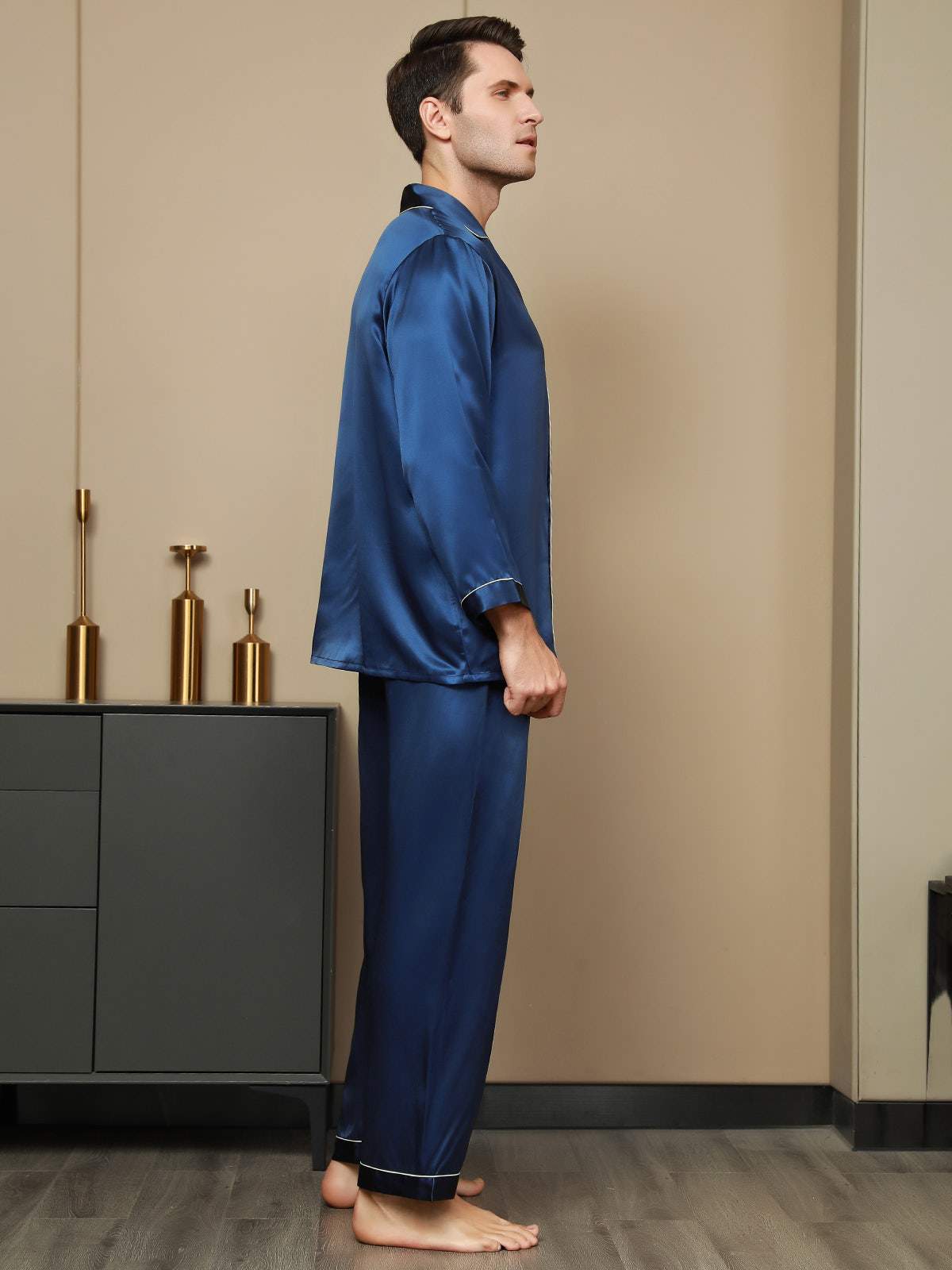 SilkSilky US Pure Silk Long Sleeve Lapel Men's Pajamas DarkBlue 003