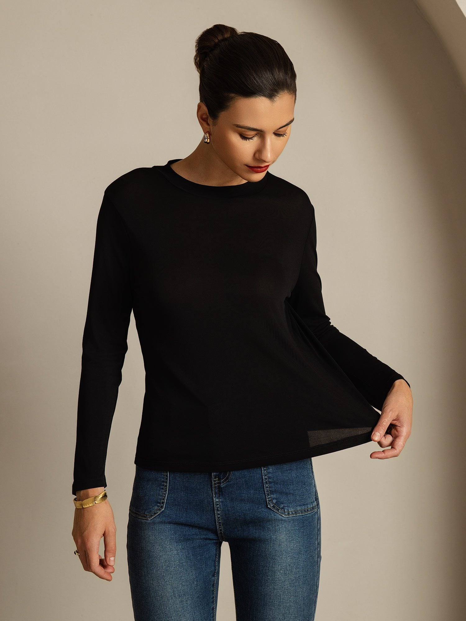 [Black] SilkSilky Pure Silk Round Neck Women's T-Shirt 003