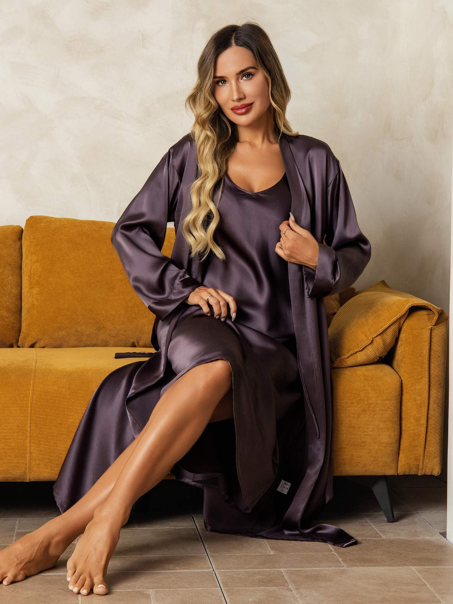 [PurpleGray] SilkSilky Pure Silk Wrap Nightgown&Robe Set 007