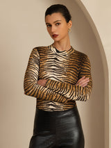 [Tiger] SilkSilky 100% Silk Jersey Long Sleeve Mock Neck Women's T-Shirt 004