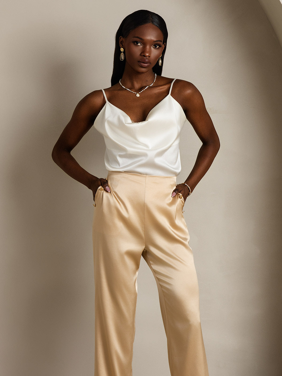 [White] SilkSilky  19Momme Silk Cowl Neck Camisole Top 006