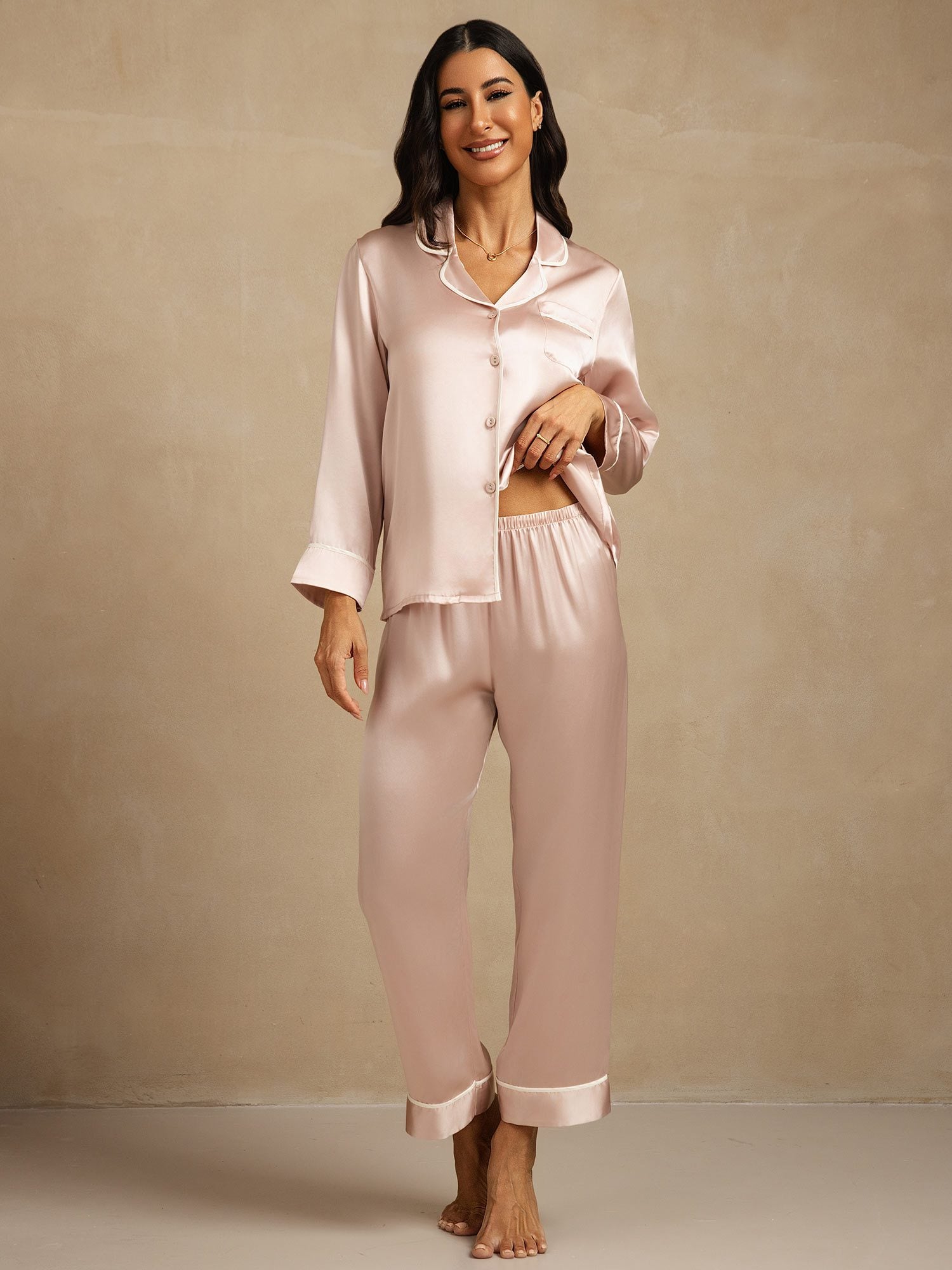 [Pink] SilkSilky Pure Silk Lapel Collar Women's Pajamas 001