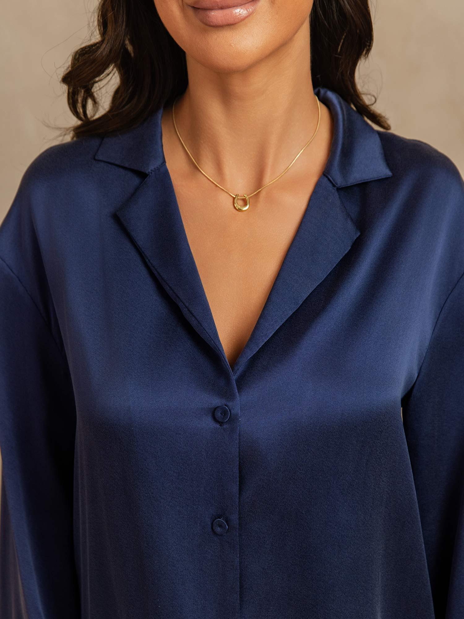 [DarkBlue] SilkSilky 19Momme Silk Notched Neck Women's Pajamas 004