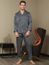 [Navy Ginkgo] SilkSilky  19Momme Long Sleeve Notch Collar Men's Pajamas 007