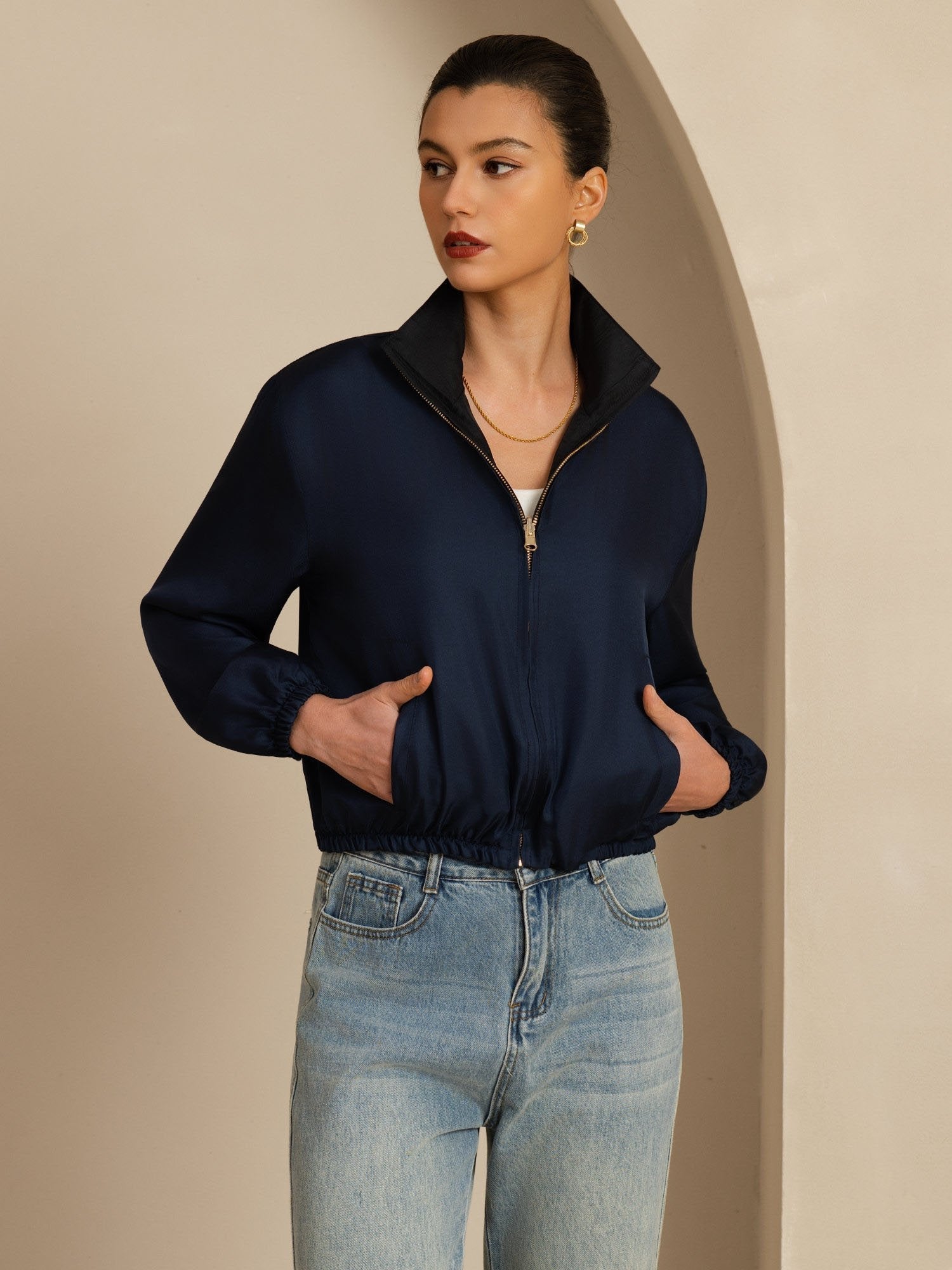 [Black+DarkBlue] SilkSilky  18Momme Silk Satin Surah Long Sleeve Stand Collar Women's Outerwear 001