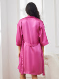 SilkSilky US Pure Silk 3/4 Sleeve Nightgown&Robe Set RoseRed 002