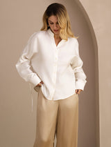 [White] SilkSilky Long Sleeve Split Women's Blouse 001