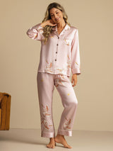 [Pink] SilkSilky  19Momme Long Sleeve Notch Collar Women's Pajamas 001