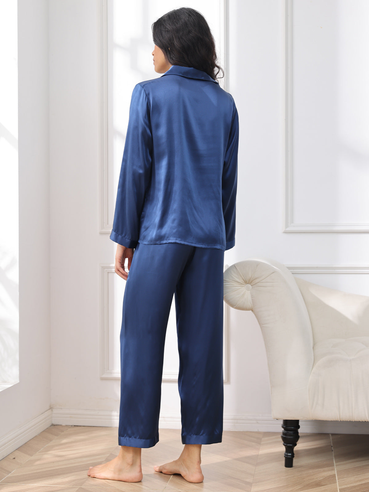 SilkSilky US Pure Silk Long Sleeve Lapel Women's Pajamas DarkBlue 002