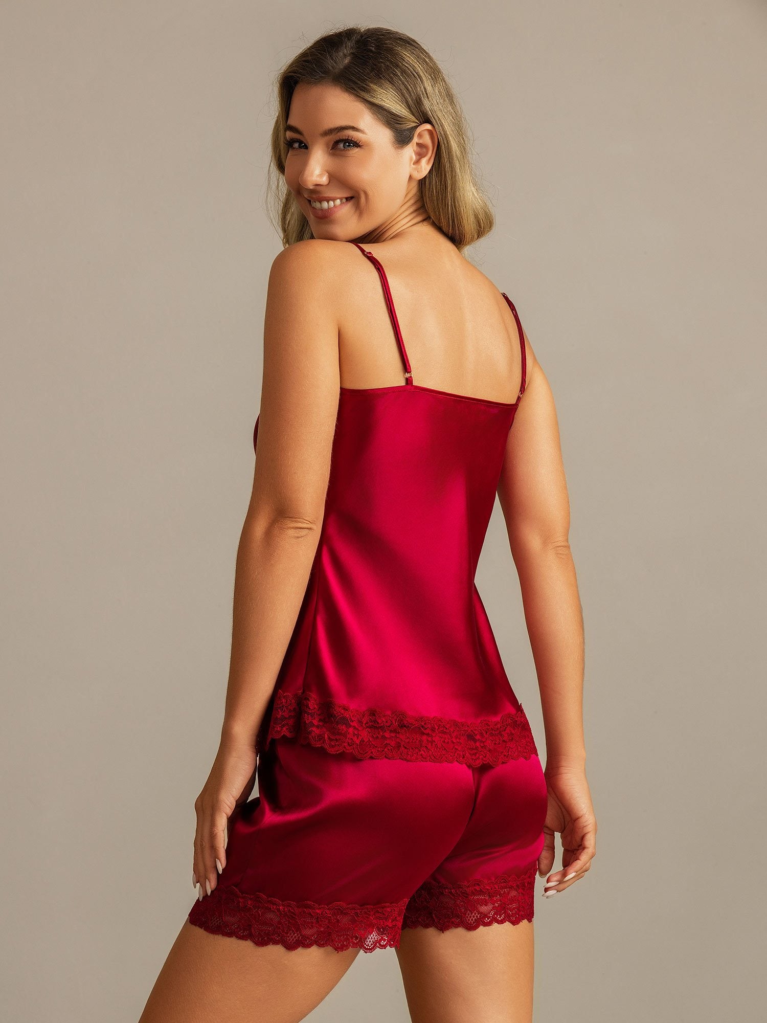 [Wine] SilkSilky Spaghetti Strap V Neck Camisole Set 002