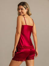 [Wine] SilkSilky Spaghetti Strap V Neck Camisole Set 002