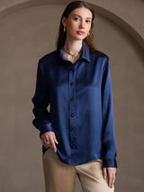[Dark Blue] SilkSilky  19Momme Stretch Silk Charmeuse Long Sleeve Lapel Collar Women's Shirt 004
