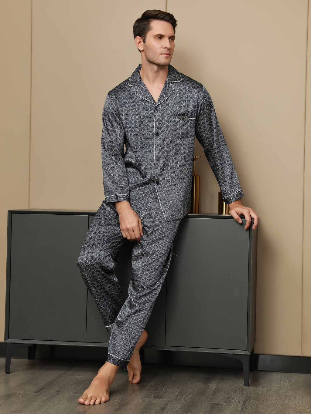 100% Mulberry Silk Ginkgo Print Long Sleeve Pajamas Set Pants