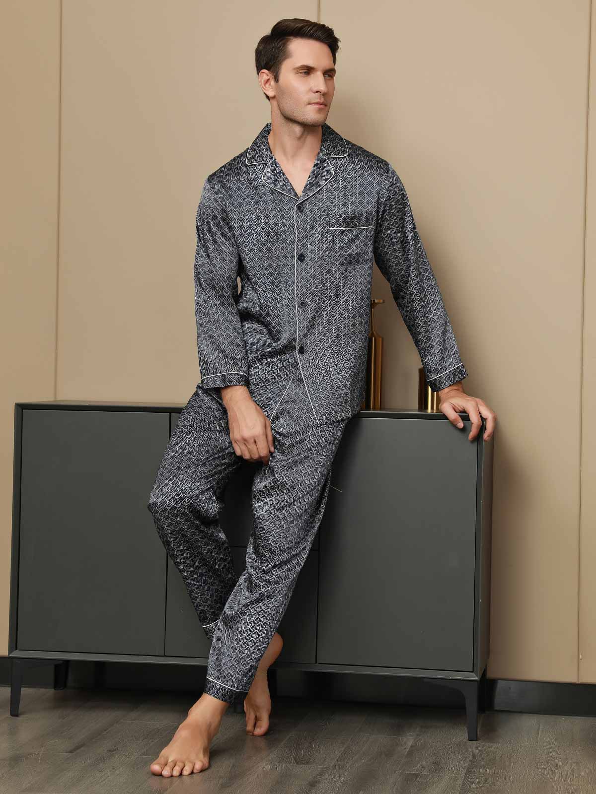 SilkSilky US 19Momme Pure Silk Long Sleeve Lapel Men's Pajamas DarkBlue 001