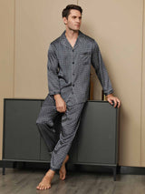 [Navy Ginkgo] SilkSilky  19Momme Long Sleeve Notch Collar Men's Pajamas 001