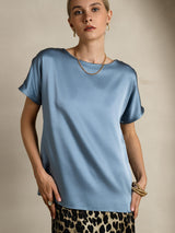 [Grayish Blue] SilkSilky  19Momme Stretch Silk Charmeuse Short Sleeve Boat Neck Women's T-Shirt 005