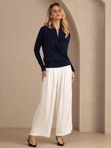 [Dark Blue] SilkSilky  Long Sleeve Wrap Women's Blouse 007