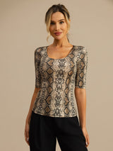 [Snakeskin] SilkSilky 100% Silk Jersey Half Sleeve Scoop Neck Women's T-Shirt 001