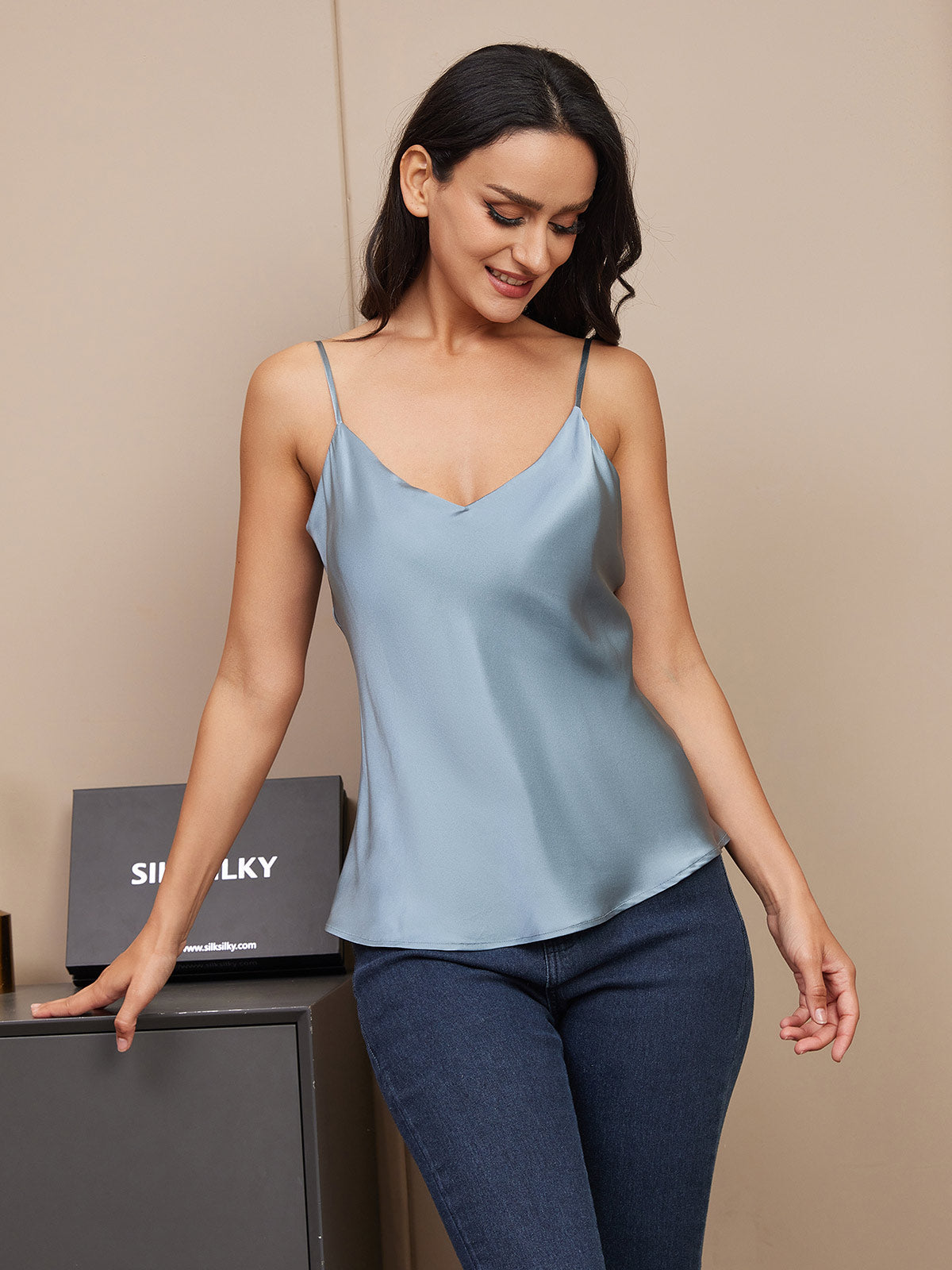 SilkSilky  Pure Silk Sleeveless V Neck Camisole Top GrayishBlue 003