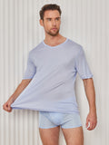 SilkSilky US Silk Knitted Short Sleeve V Neck Men's T Shirt LightBlue 004