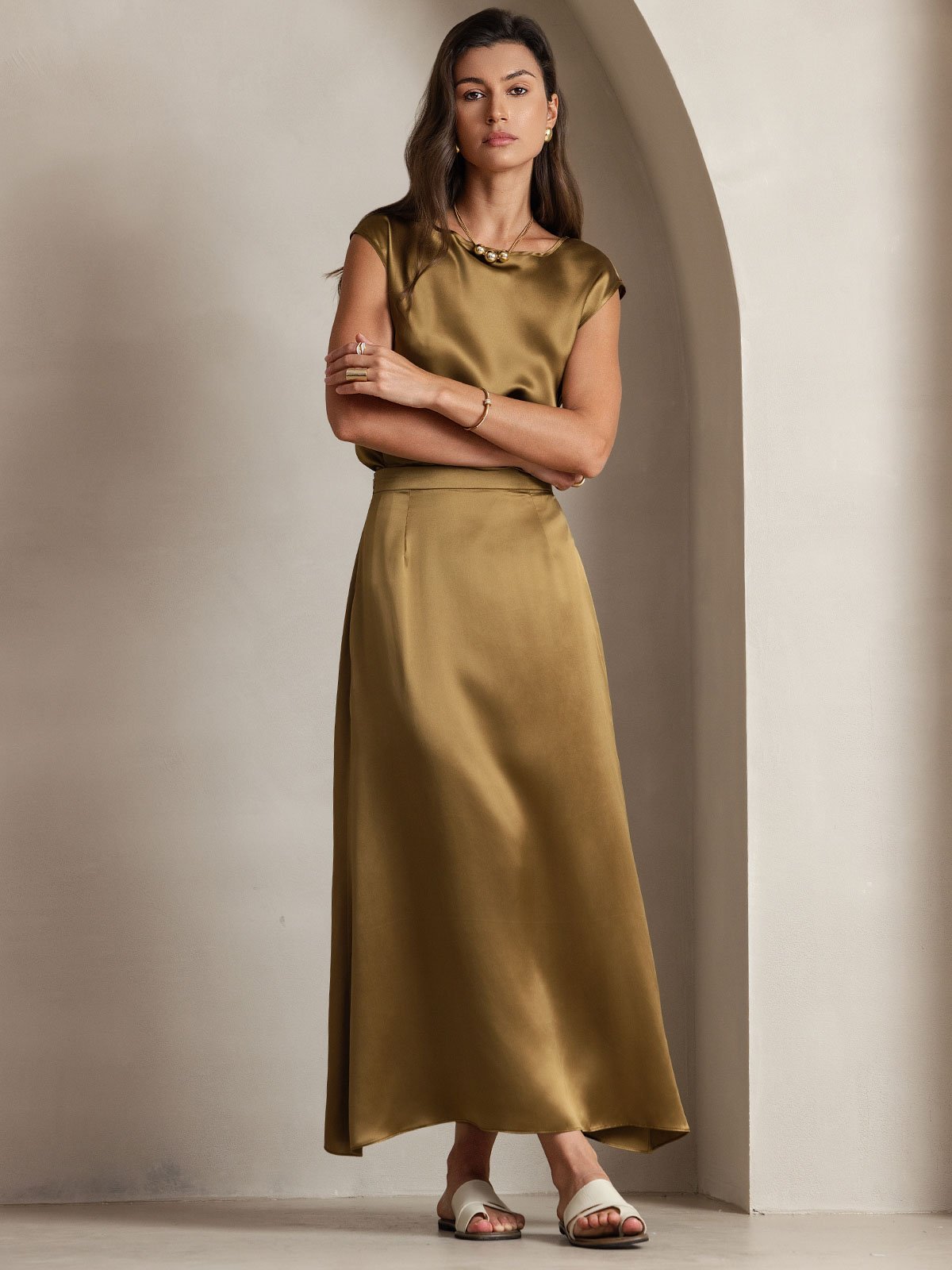 [Brown] SilkSilky  19Momme Silk Round Neck Women's T-Shirt 007