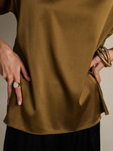 [Brown] SilkSilky  19Momme Stretch Silk Charmeuse Short Sleeve Boat Neck Women's T-Shirt 008