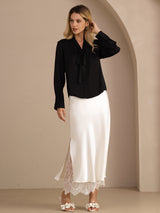 [Black] SilkSilky Long Sleeve Tie Neck Women's Blouse 007