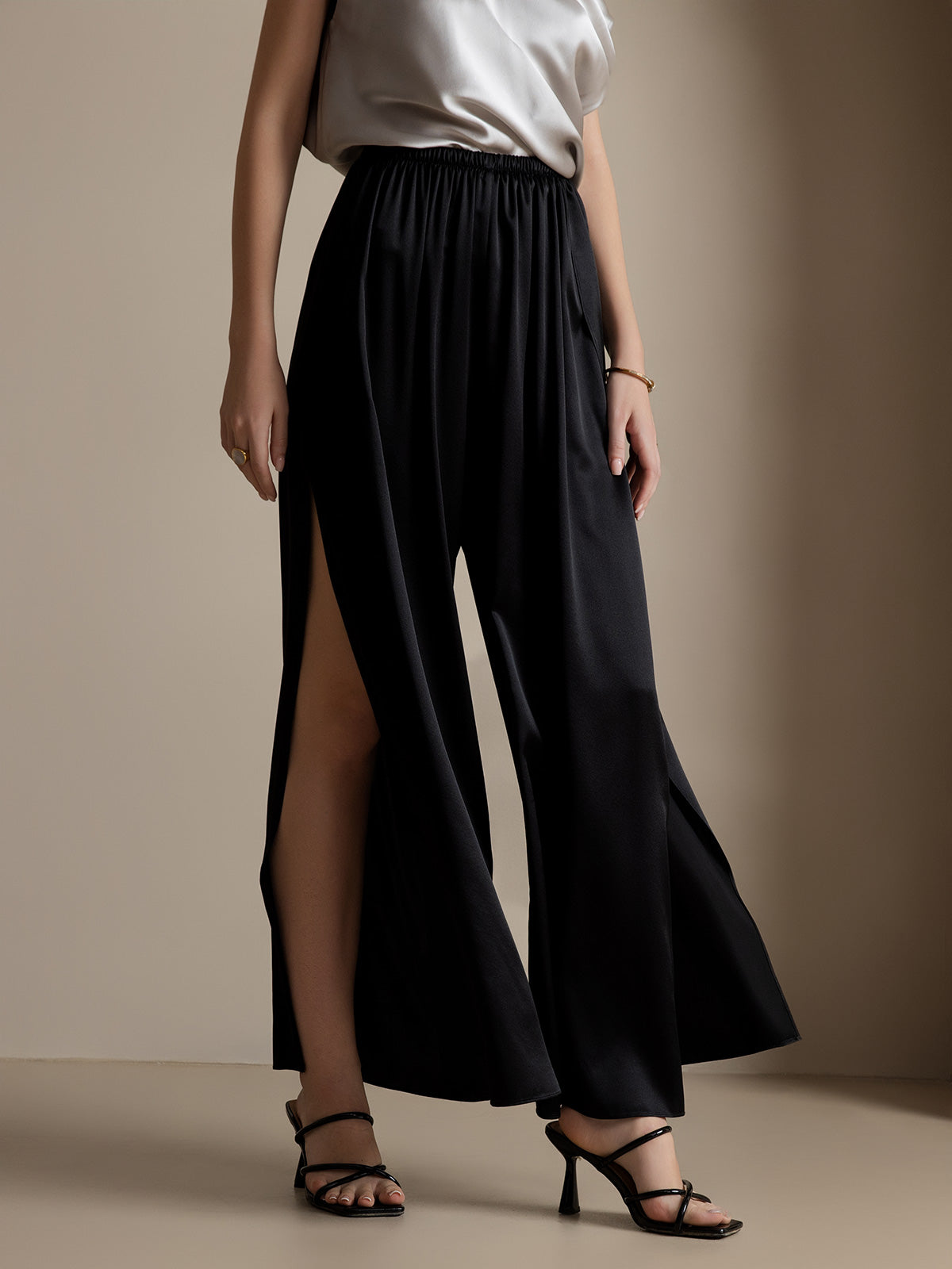 [Black] SilkSilky  19Momme Silk Split Women's Pants 001