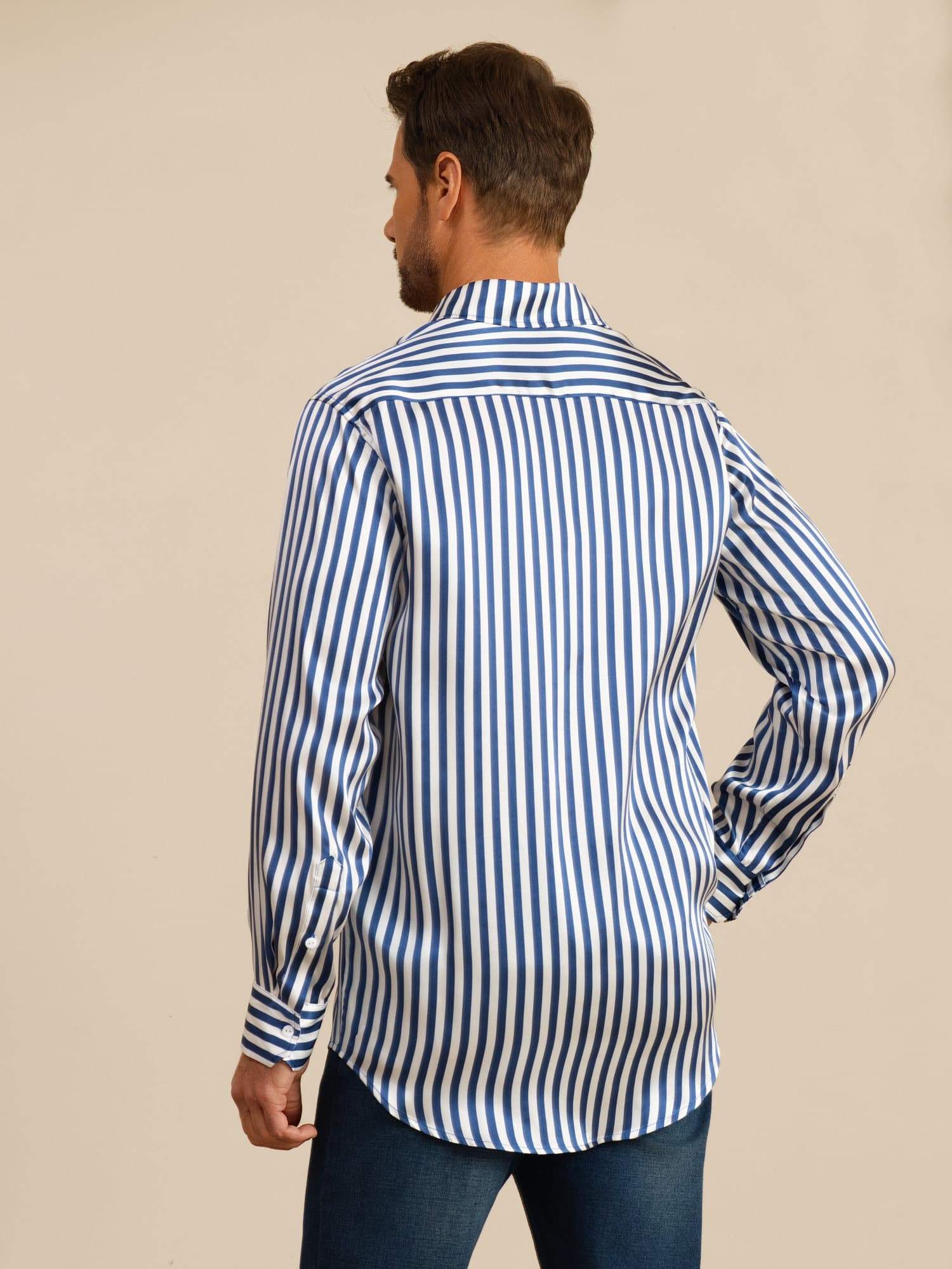 [Navy Stripe] SilkSilky 19Momme Stretch Silk Charmeuse Long Sleeve Lapel Collar Men's Shirt 002