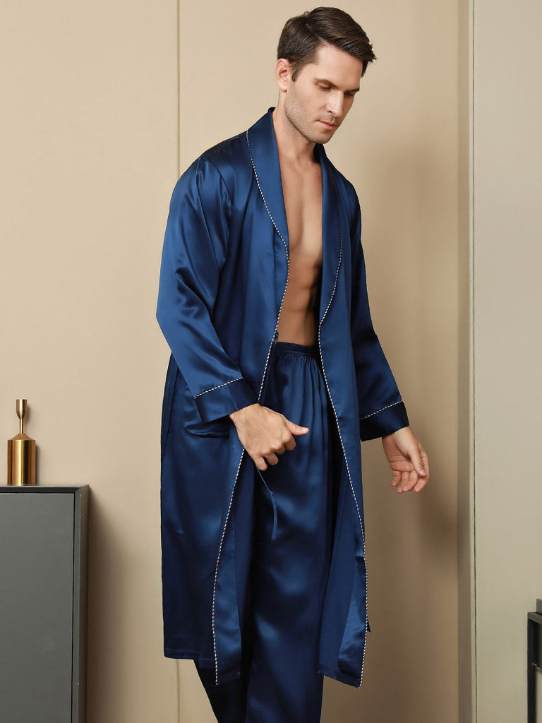 Silksilky Contrast Piping Kimono Robe for Men Long Silk Nightwear ...