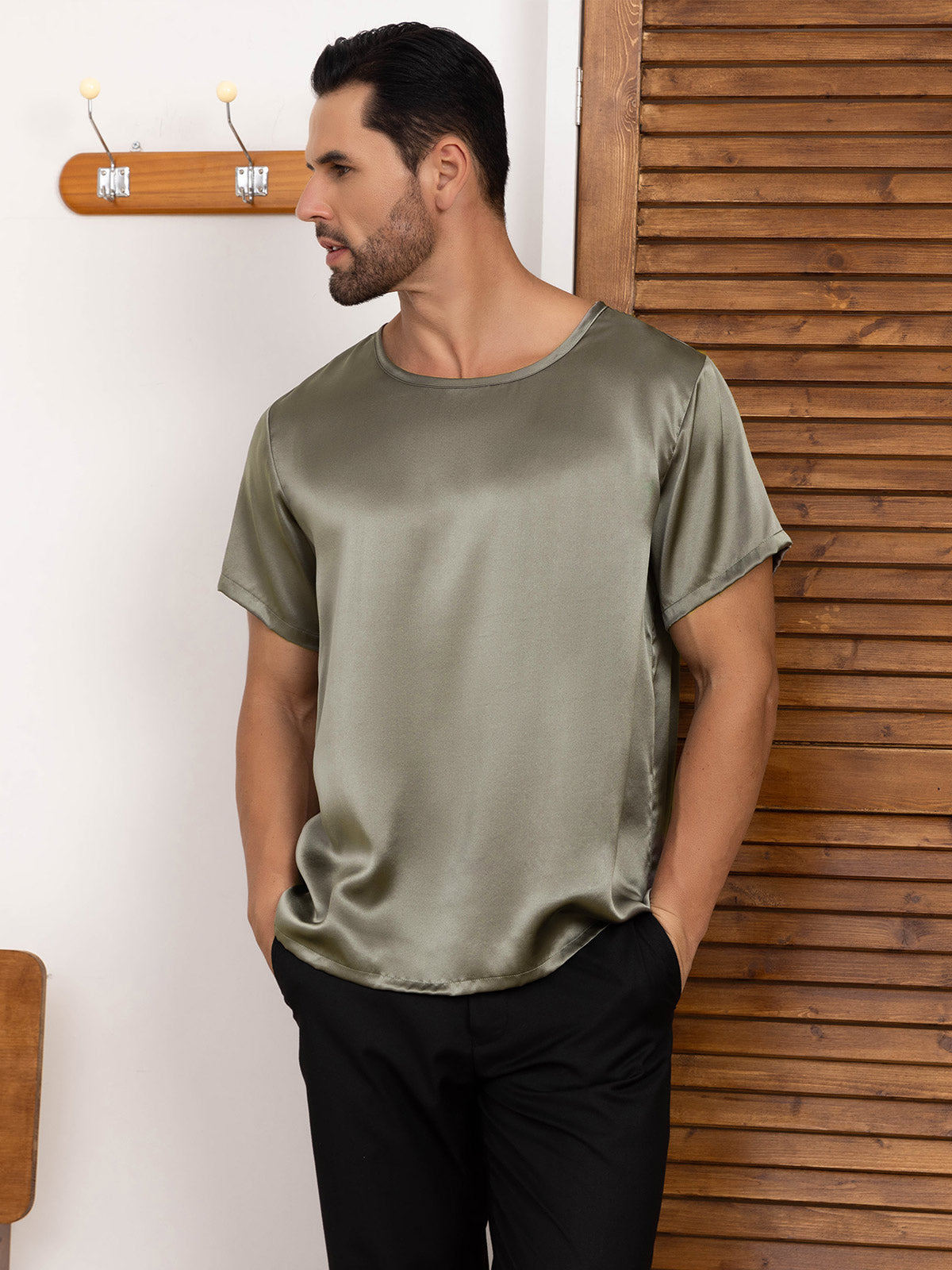 SilkSilky US Pure Silk Short Sleeve Round Neck Men's T Shirt GrayishGreen 005