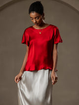 [Wine] SilkSilky  19Momme Stretch Silk Charmeuse Short Sleeve Boat Neck Women's T-Shirt 004